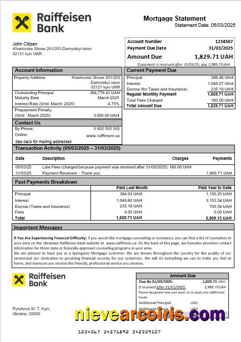 Ukrainian Raiffeisen Bank mortgage statement